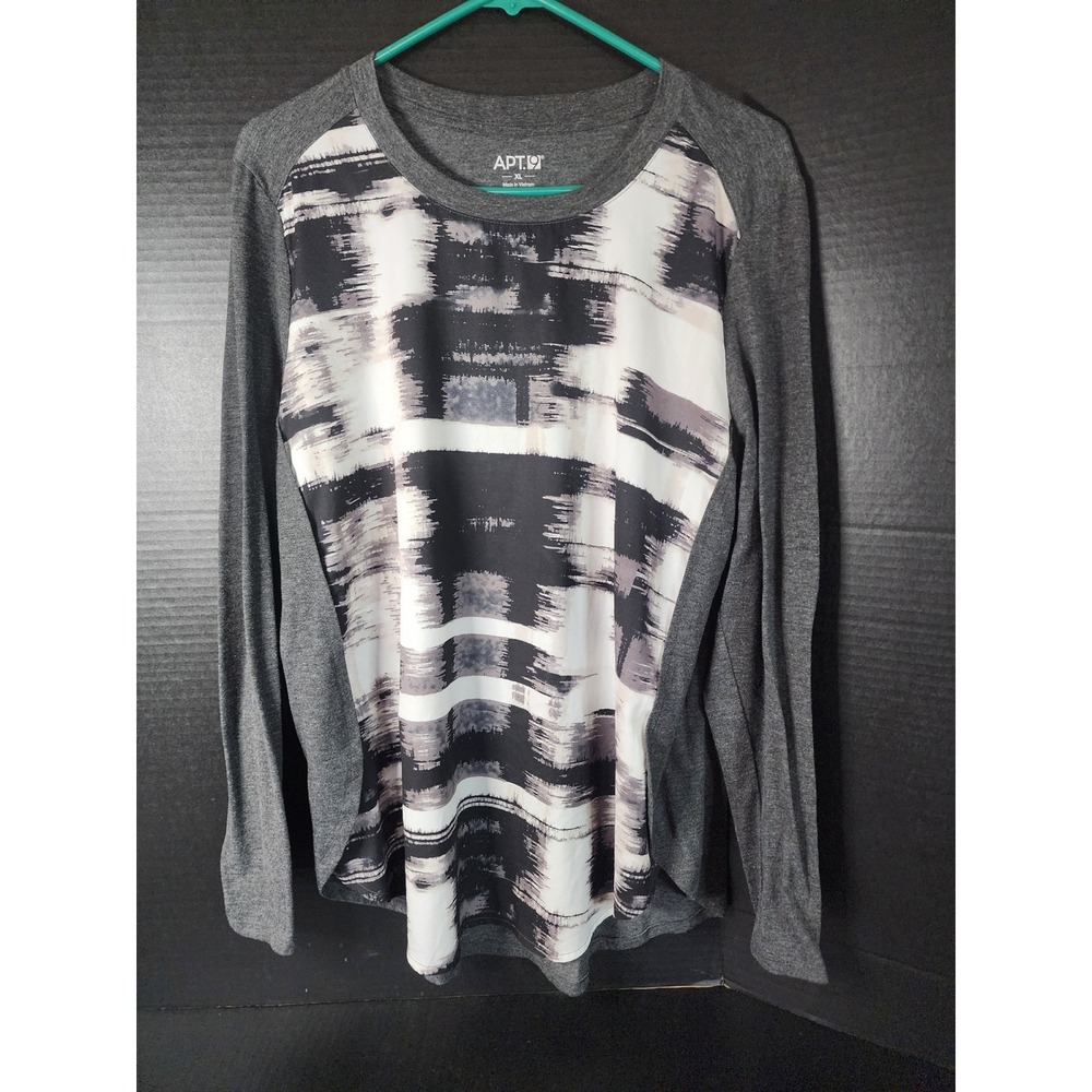 Apt 9 Womens XL Gray Abstract Print Mixed Media Long Sleeve Top Curved Hem